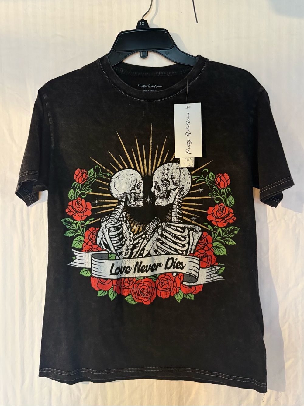 Pretty Rebellious Black Tee with Red Roses & White Skeleton Graphic